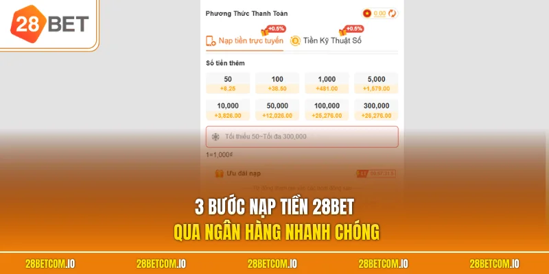 Nạp tiền 28BET 1 3 bước nạp tiền 28BET qua ngân hàng nhanh chóng